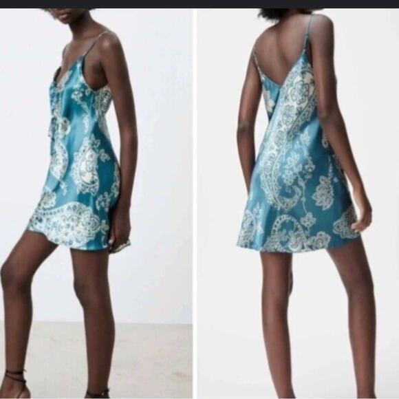 Zara Blue and Cream  Women's Slip Mini Dress Size XLarge NWOT - Picture 5 of 5